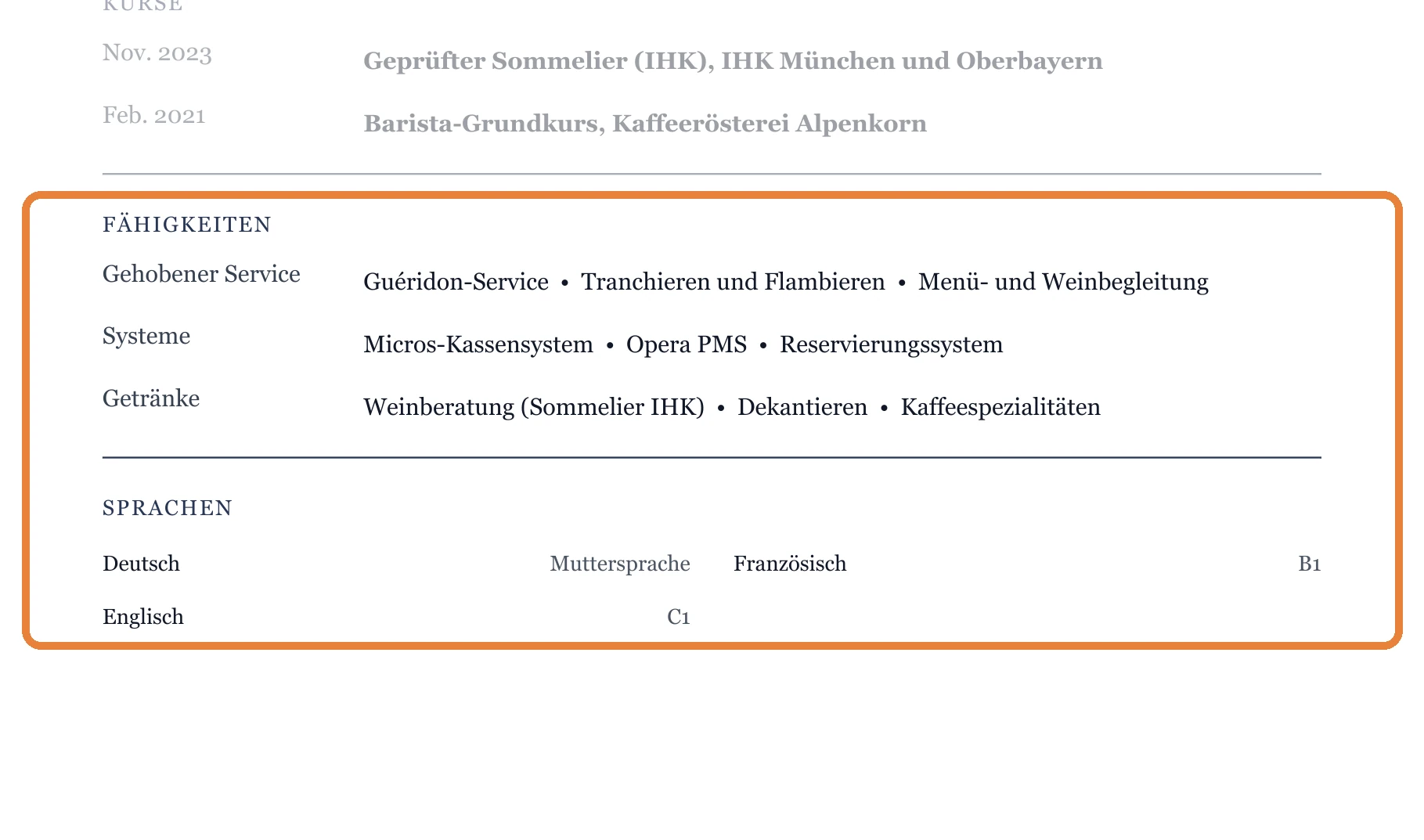Kenntnisse und Sprachen im Muster – Kellner*in allgemein – Hotel & gehobene Gastronomie