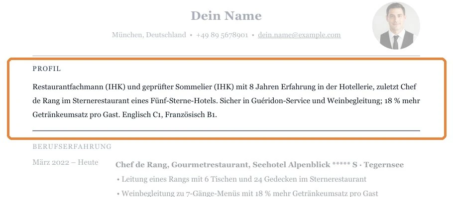 Position eines Kurzprofils zwischen Kontaktdaten und Berufserfahrung – Hotel & gehobene Gastronomie