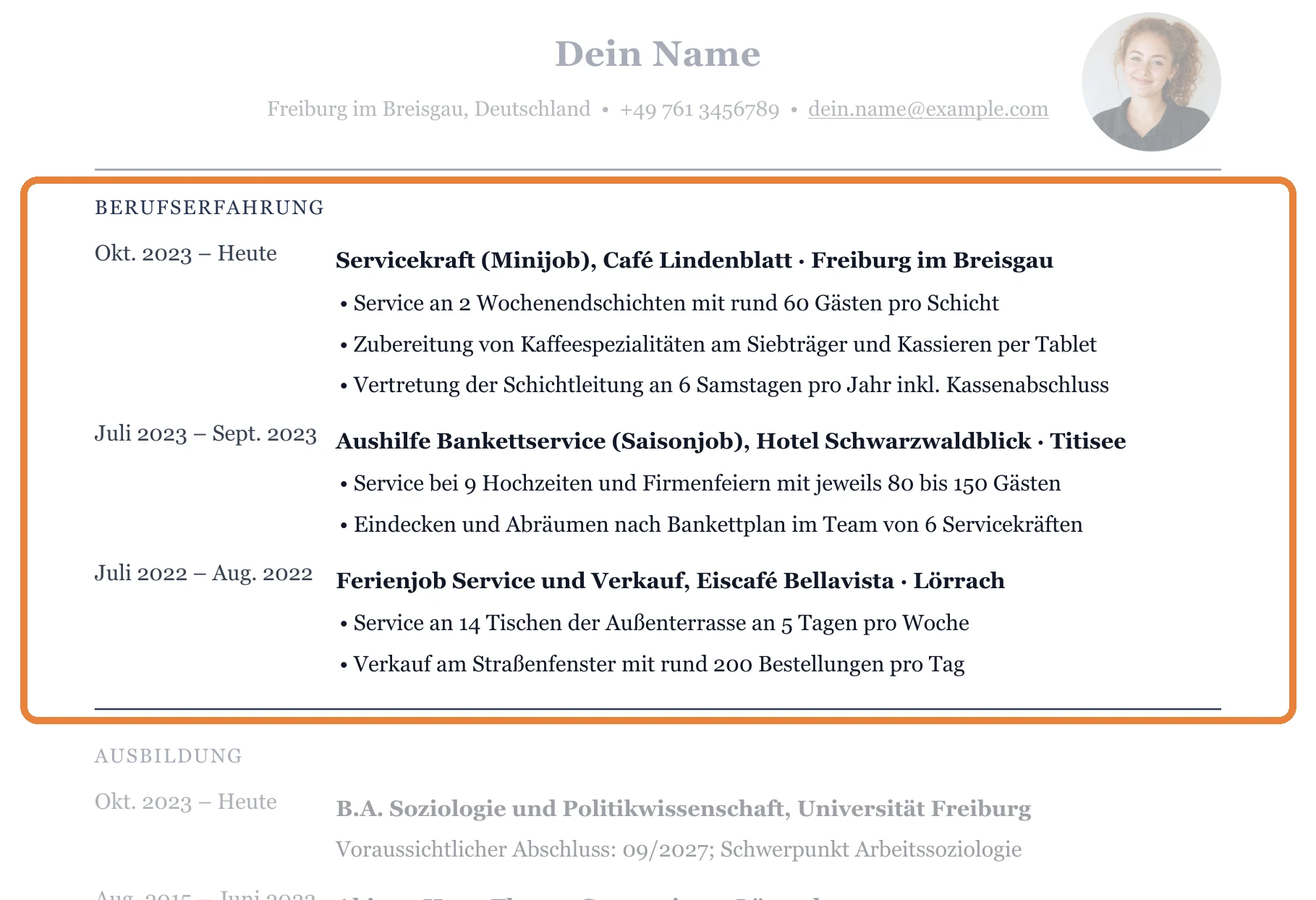 Berufserfahrung im Muster – Kellner*in allgemein – Nebenjob & Aushilfe