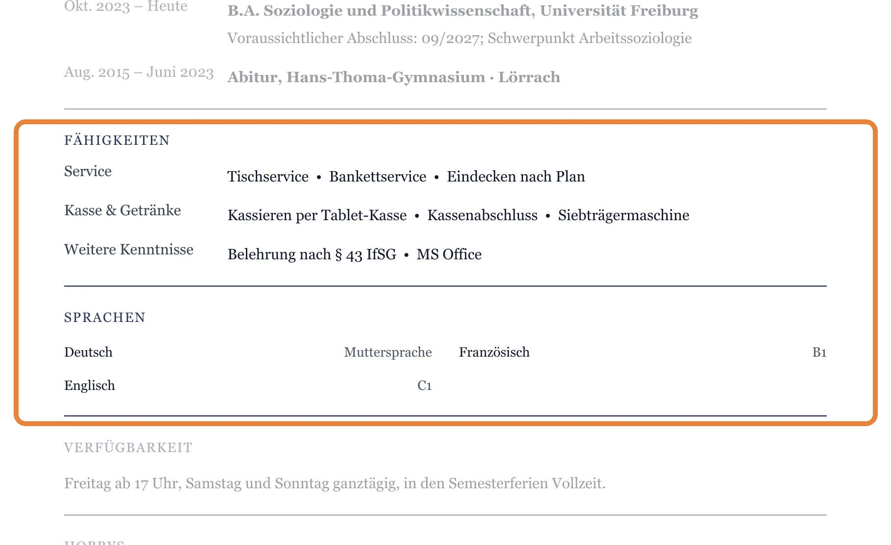 Kenntnisse und Sprachen im Muster – Kellner*in allgemein – Nebenjob & Aushilfe