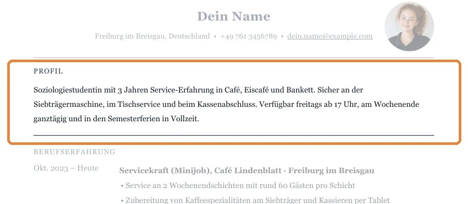 Position eines Kurzprofils zwischen Kontaktdaten und Berufserfahrung – Nebenjob & Aushilfe