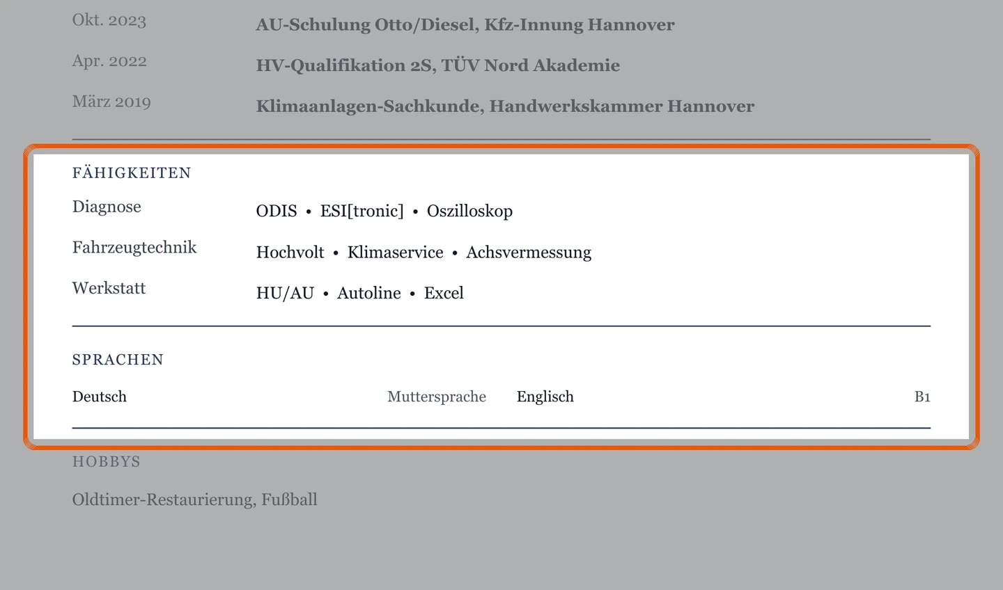 Kenntnisse und Sprachen im Muster – Muster Kfz-Mechatroniker*in – allgemein