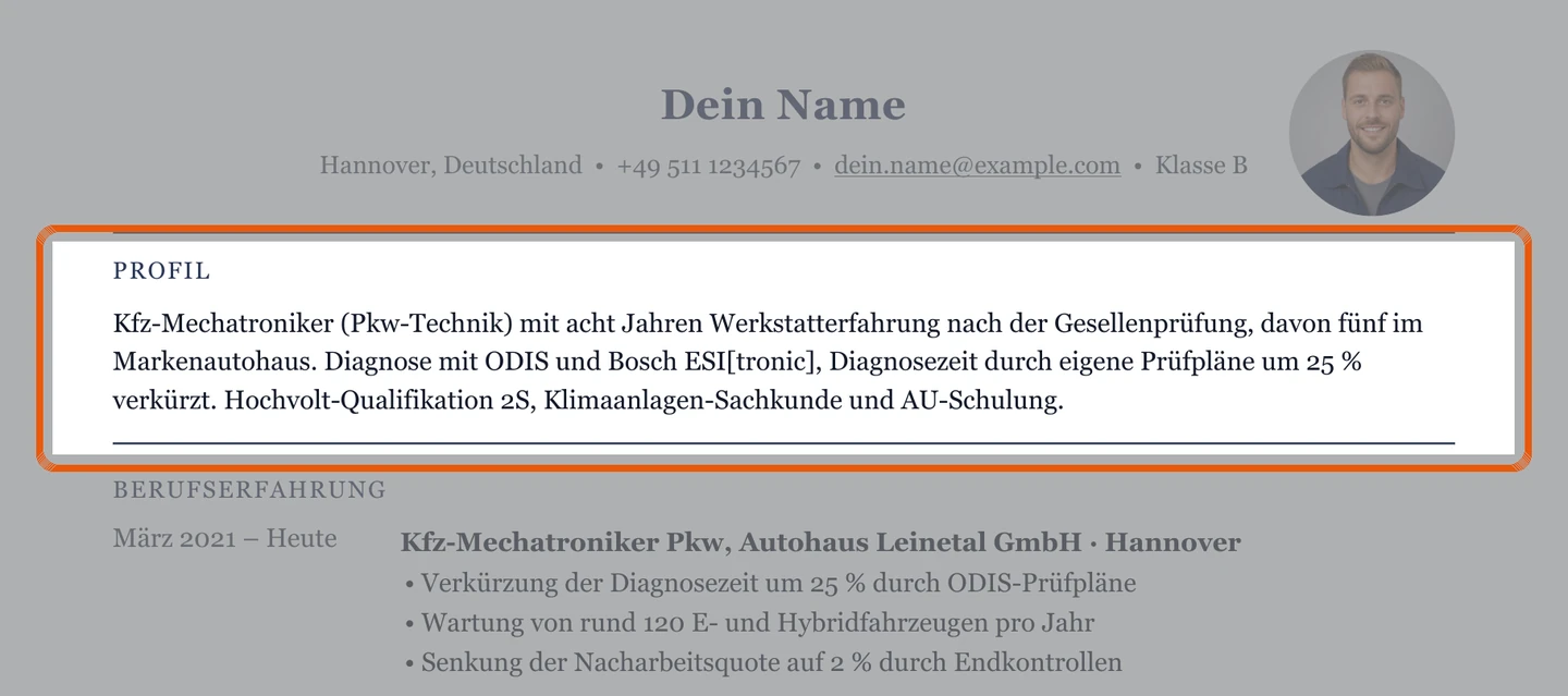 Muster mit Kurzprofil unter dem Kopfbereich