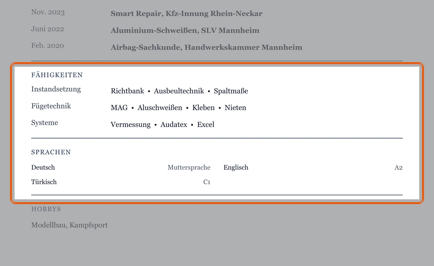 Kenntnisse und Sprachen im Muster – Muster Karosserie & Fahrzeugbau