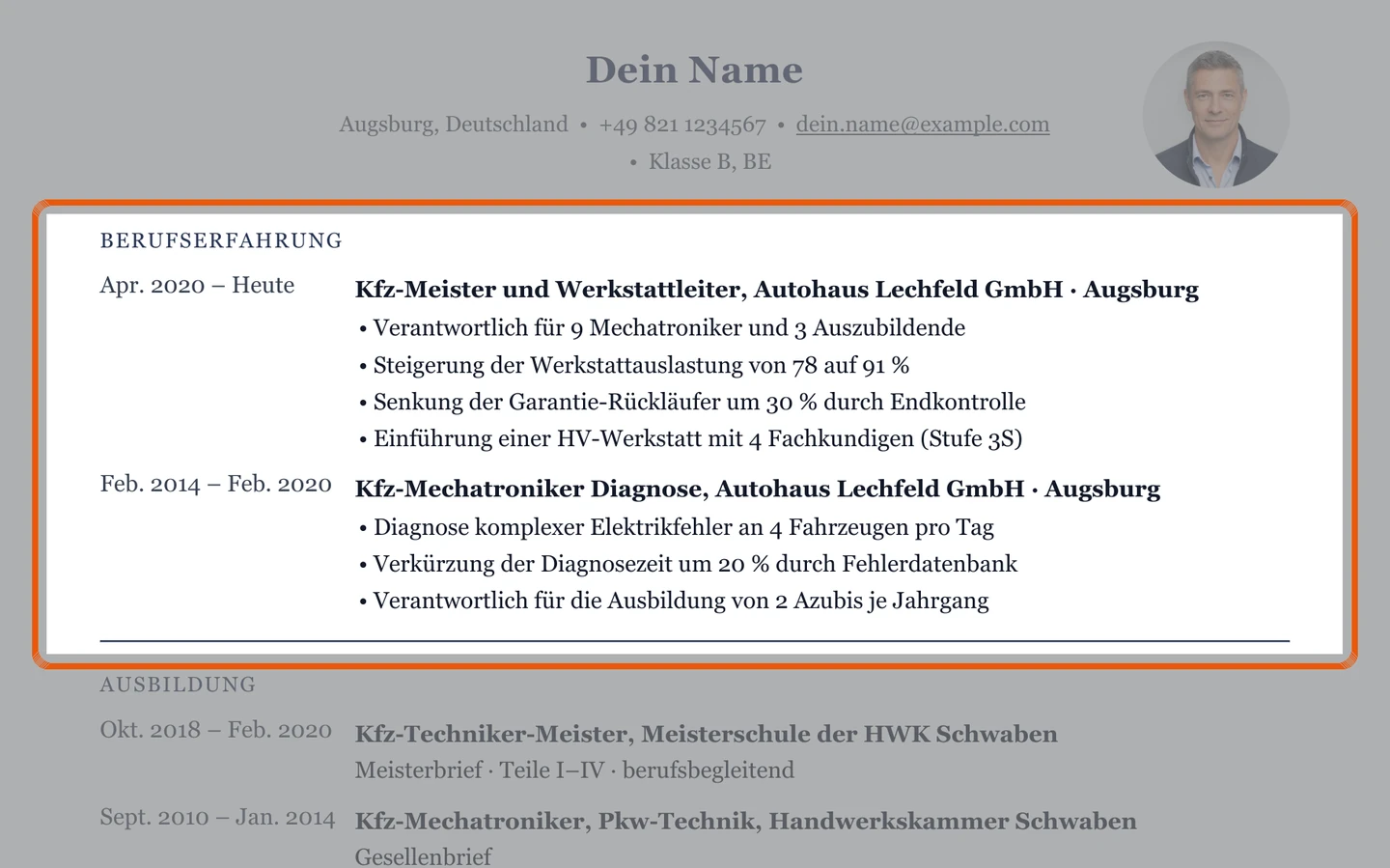 Berufserfahrung im Muster – Muster Meister & Werkstattleitung