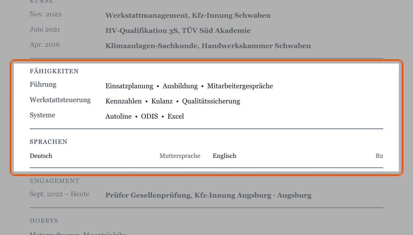 Kenntnisse und Sprachen im Muster – Muster Meister & Werkstattleitung