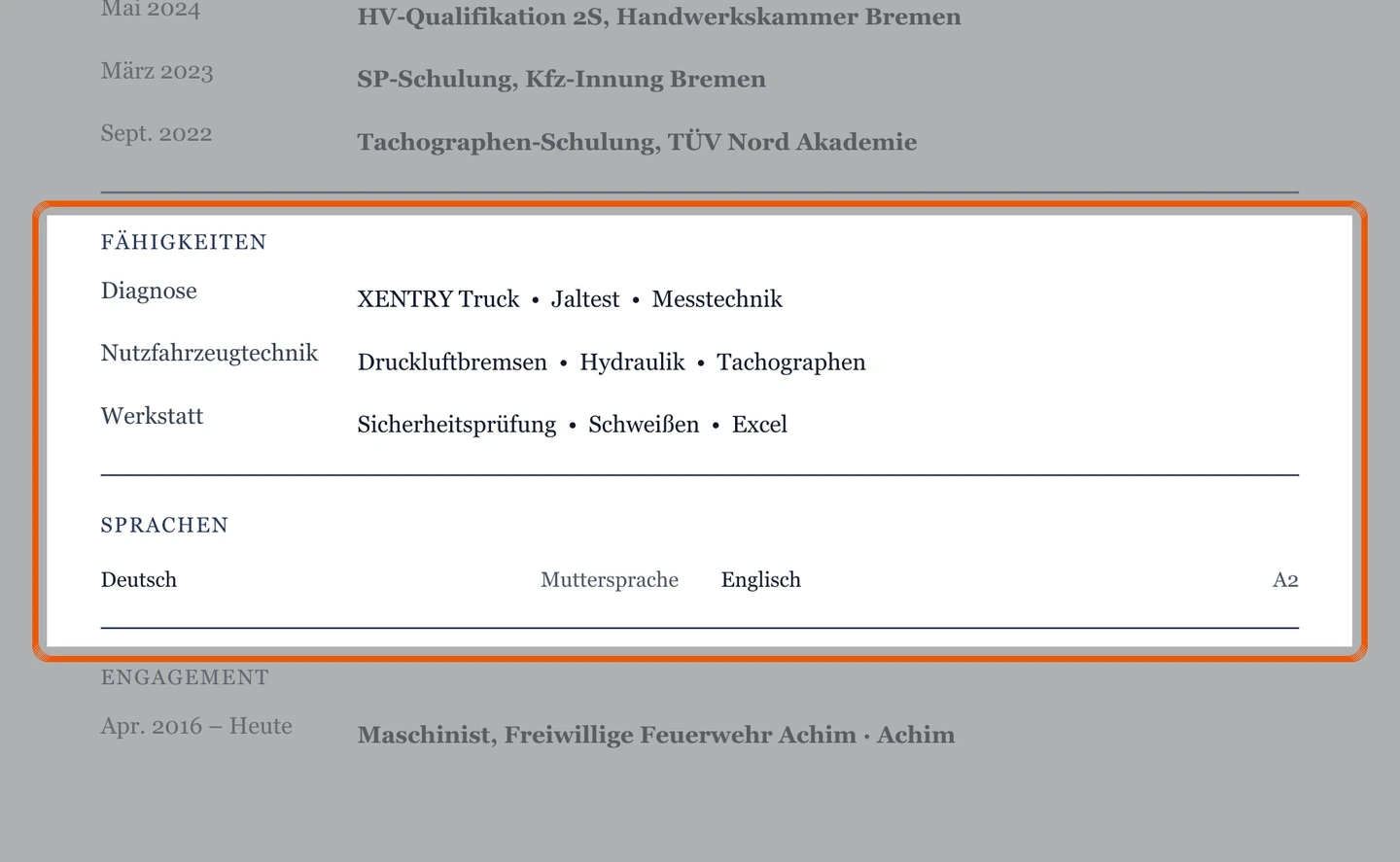 Kenntnisse und Sprachen im Muster – Muster Nutzfahrzeuge, Land- & Baumaschinen