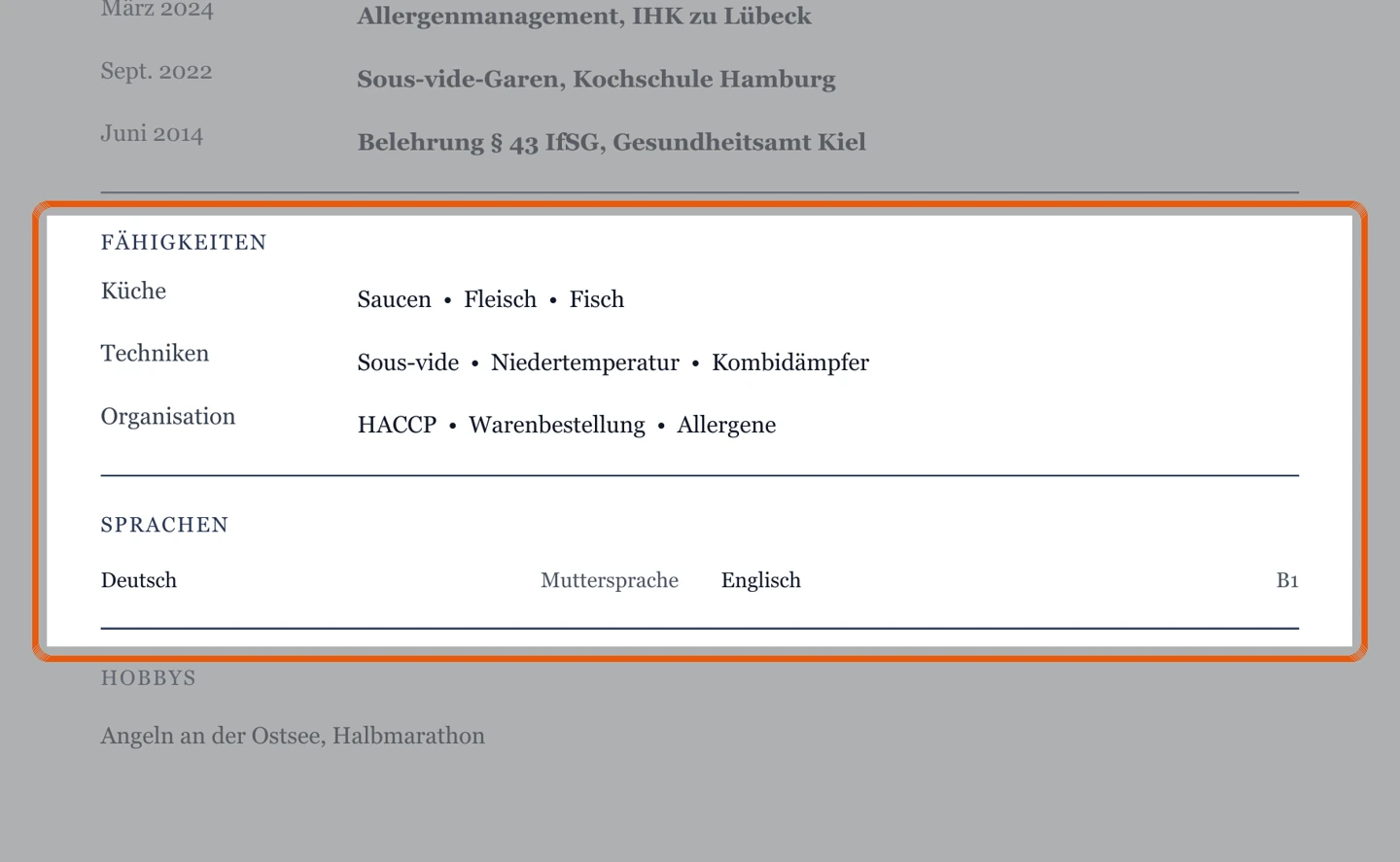Kenntnisse und Sprachen im Muster – Muster Koch/Köchin – allgemein