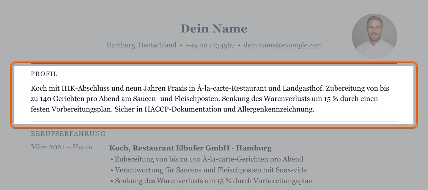 Lebenslauf mit Kurzprofil direkt unter den Kontaktdaten