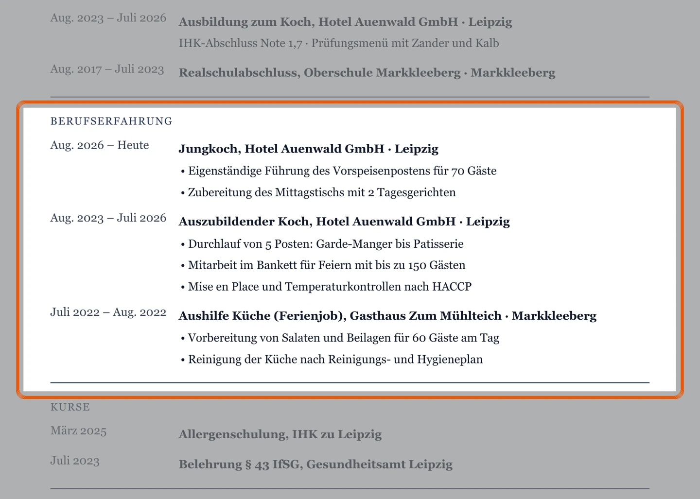 Berufserfahrung im Muster – Muster Ausbildung & Jungkoch