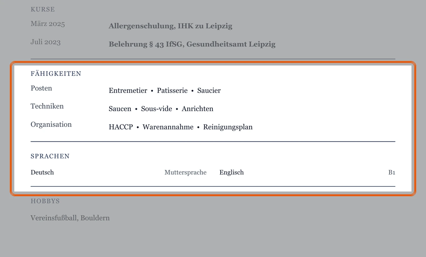 Kenntnisse und Sprachen im Muster – Muster Ausbildung & Jungkoch