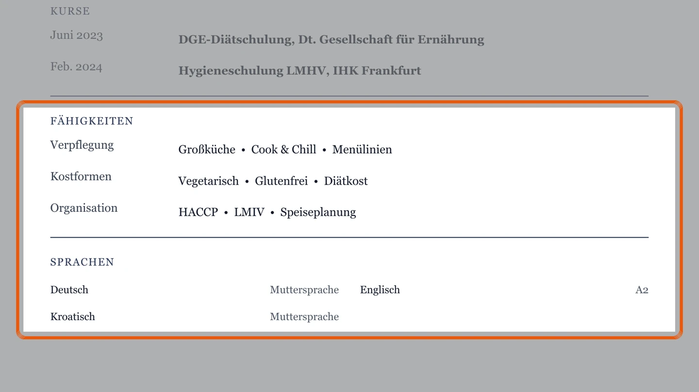 Kenntnisse und Sprachen im Muster – Muster Gemeinschaftsverpflegung & Catering