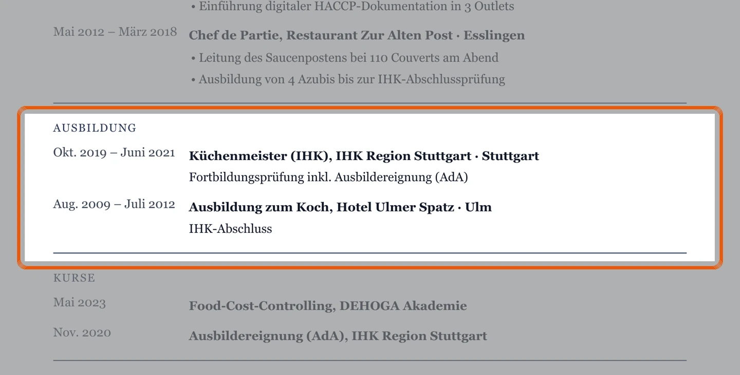 Ausbildung im Muster – Muster Küchenchef & Sous-Chef