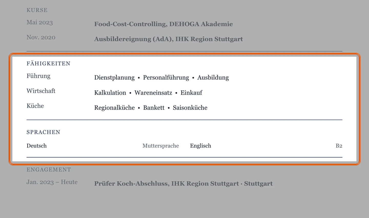 Kenntnisse und Sprachen im Muster – Muster Küchenchef & Sous-Chef