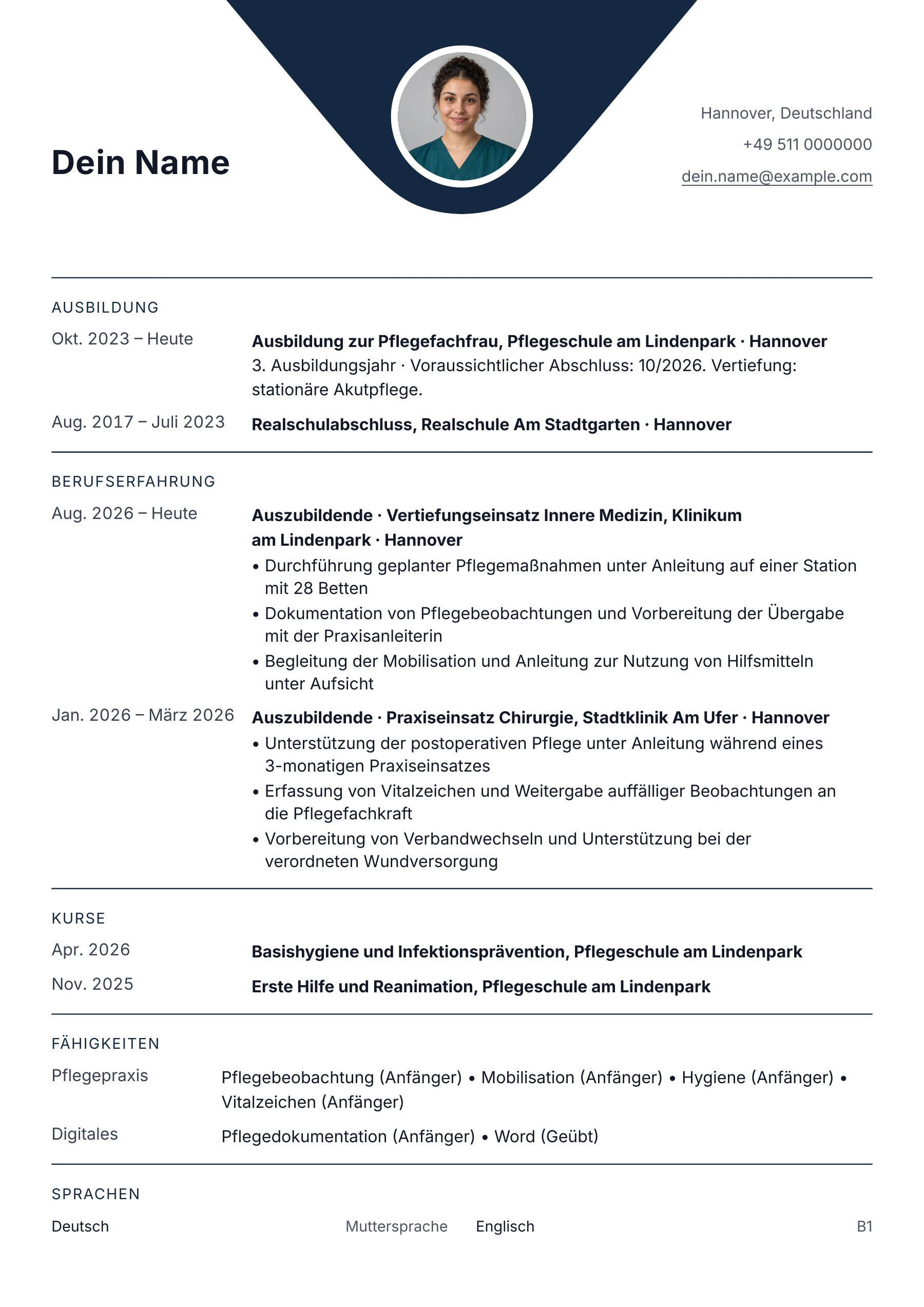 Lebenslauf Krankenschwester · Ausbildung & Berufseinstieg · Klassisch zentriert