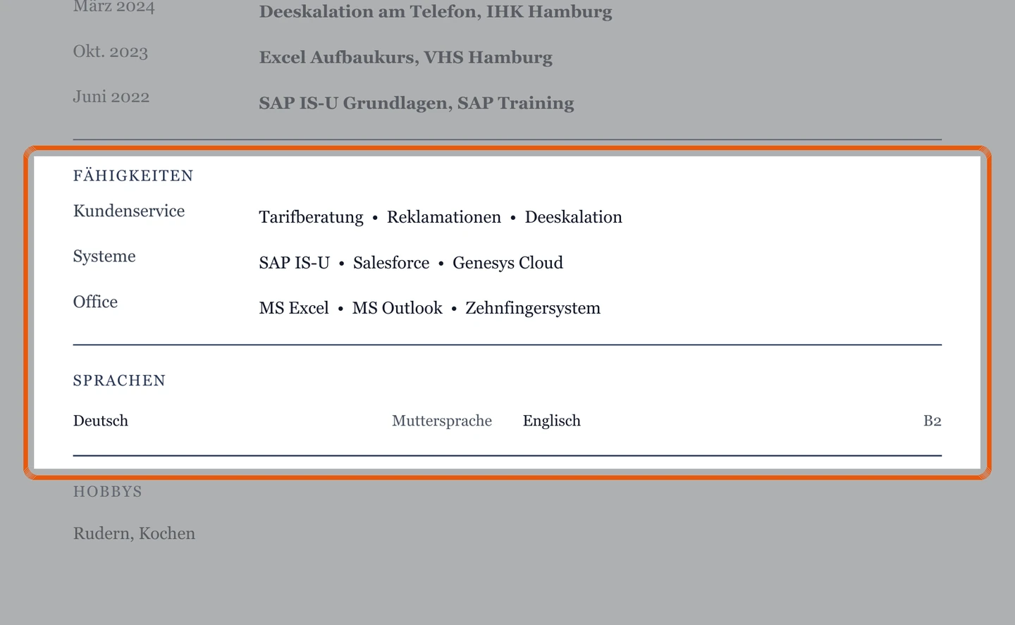 Kenntnisse und Sprachen im Muster – Muster Kundenberater*in – allgemein