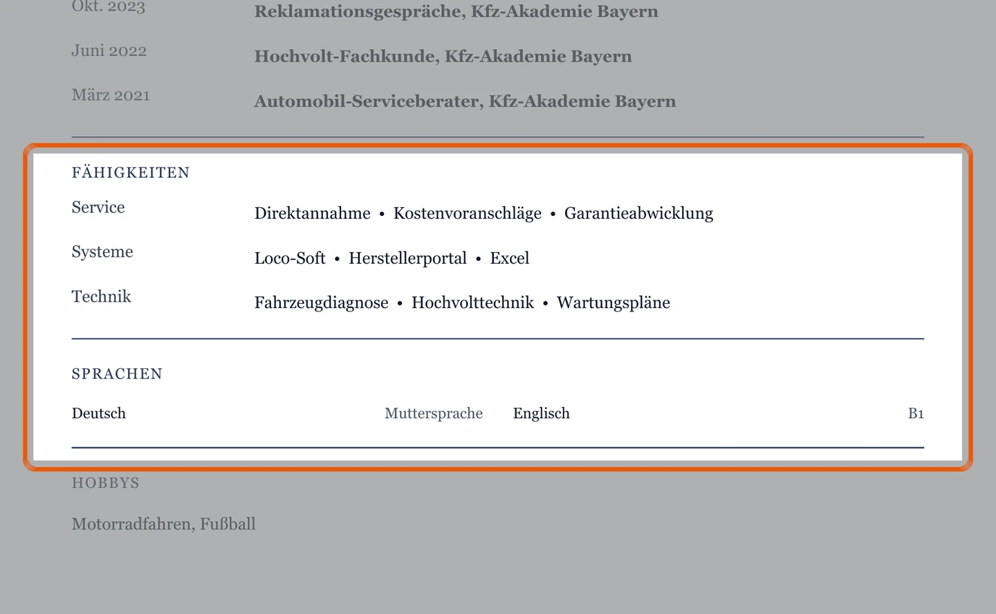 Kenntnisse und Sprachen im Muster – Muster Serviceberatung im Autohaus