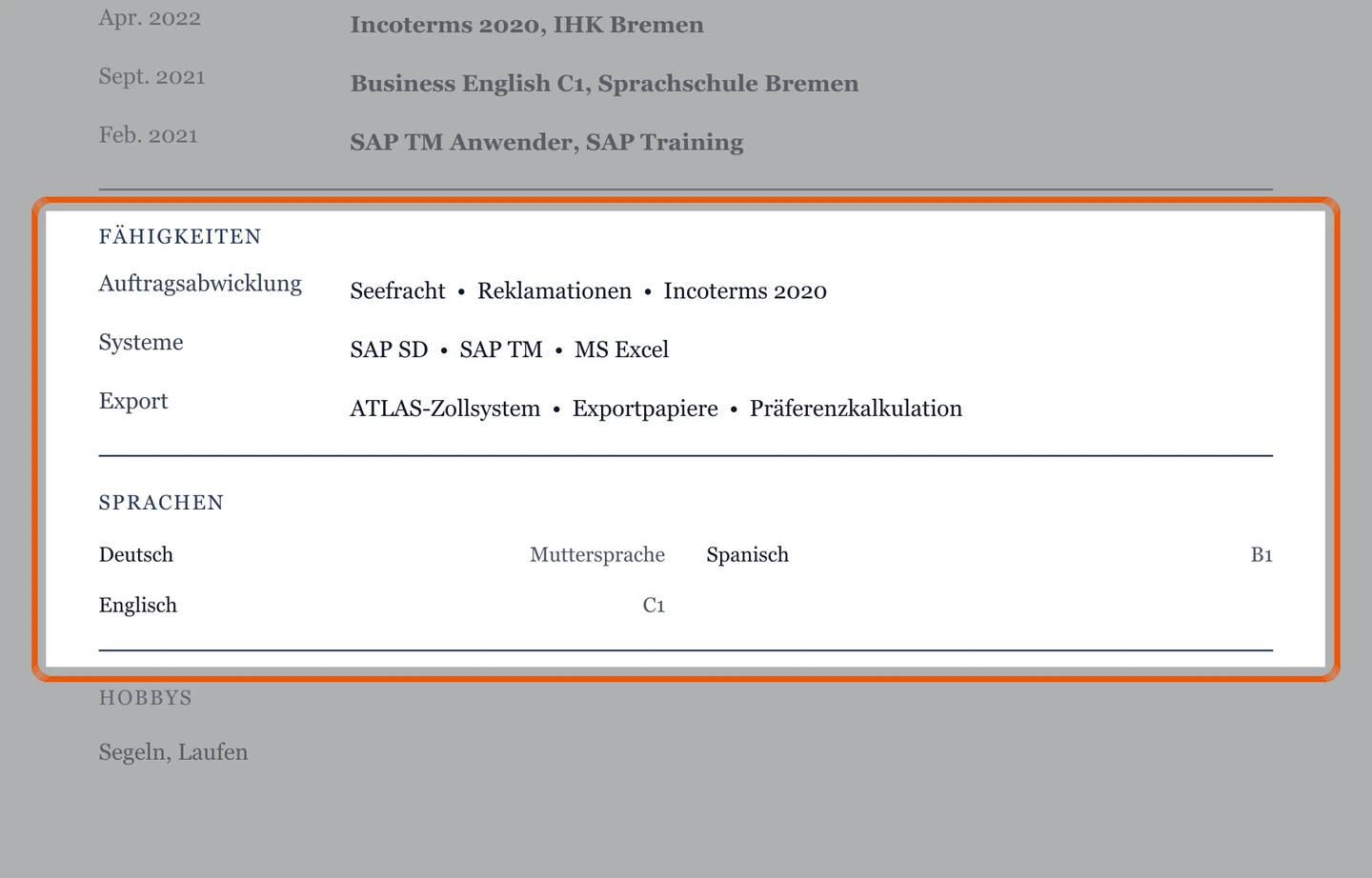 Kenntnisse und Sprachen im Muster – Muster B2B-Kundenservice & Innendienst