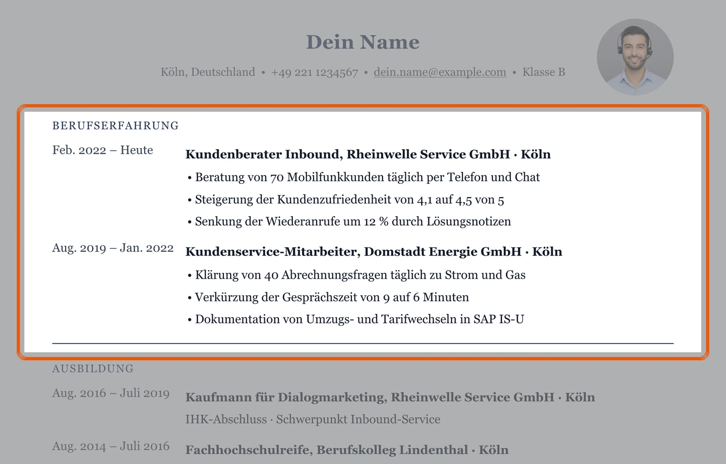 Berufserfahrung im Muster – Muster Kundenservice am Telefon & online