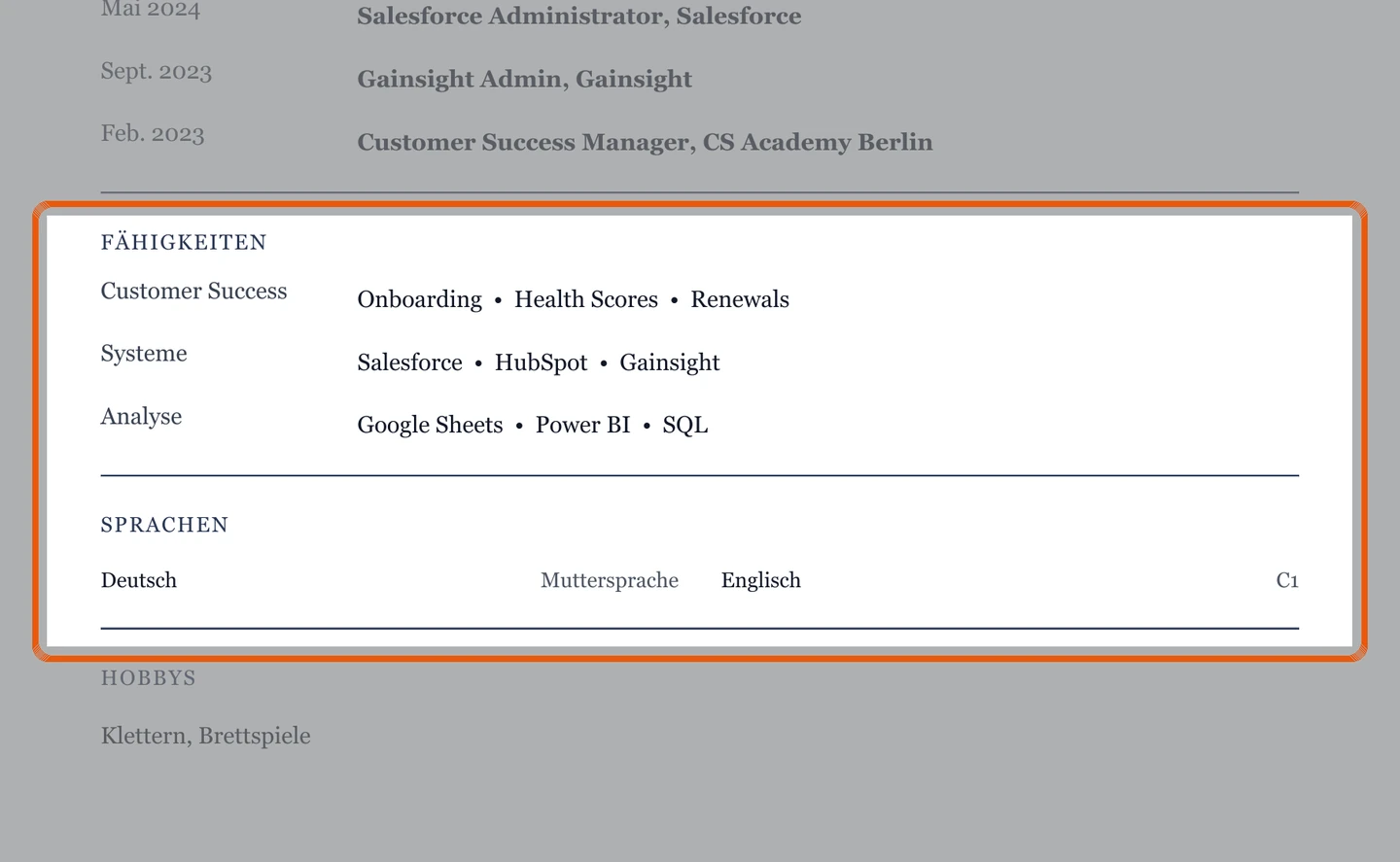 Kenntnisse und Sprachen im Muster – Muster Customer Success & Kundenmanagement