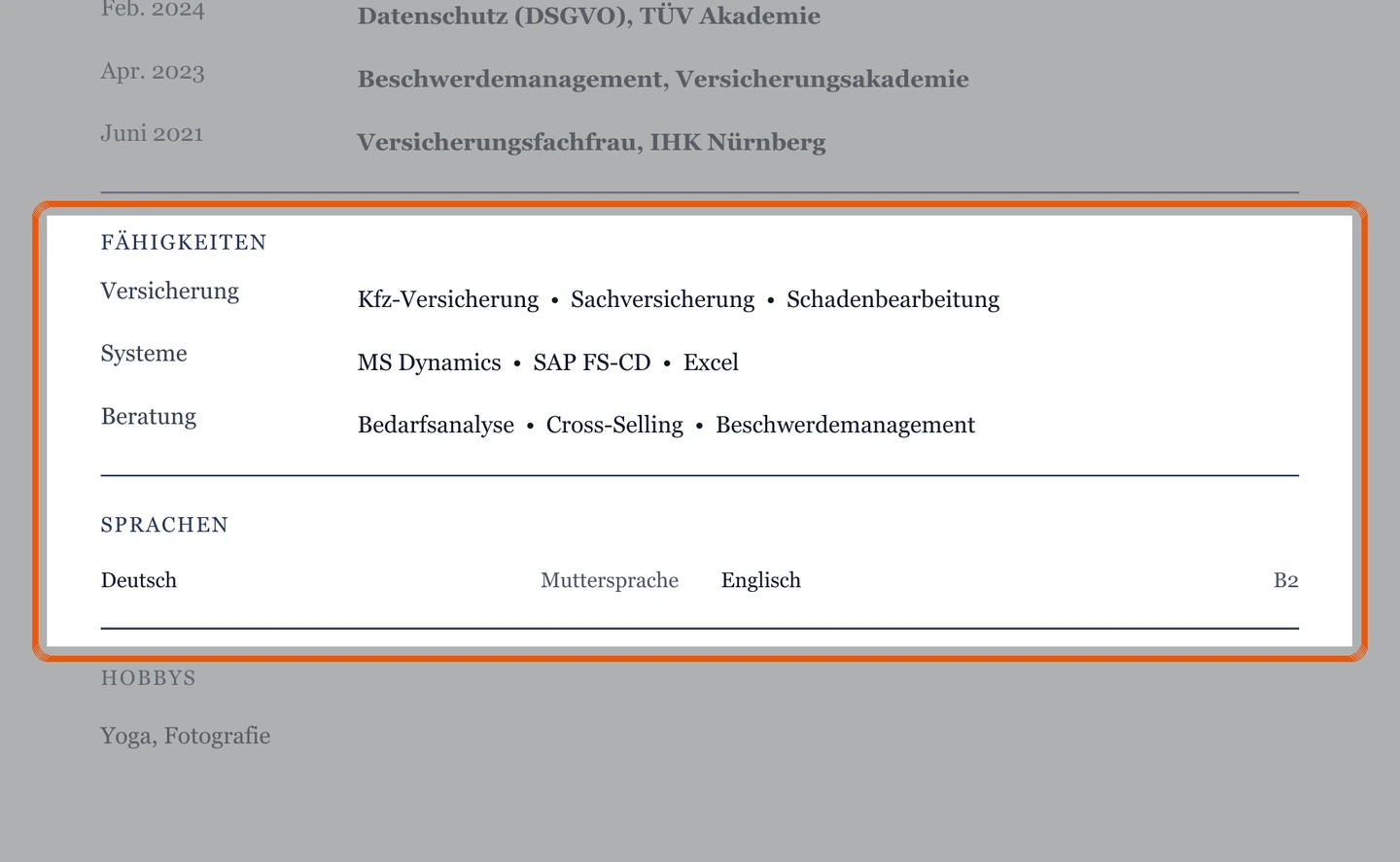 Kenntnisse und Sprachen im Muster – Muster Versicherung & Krankenkasse