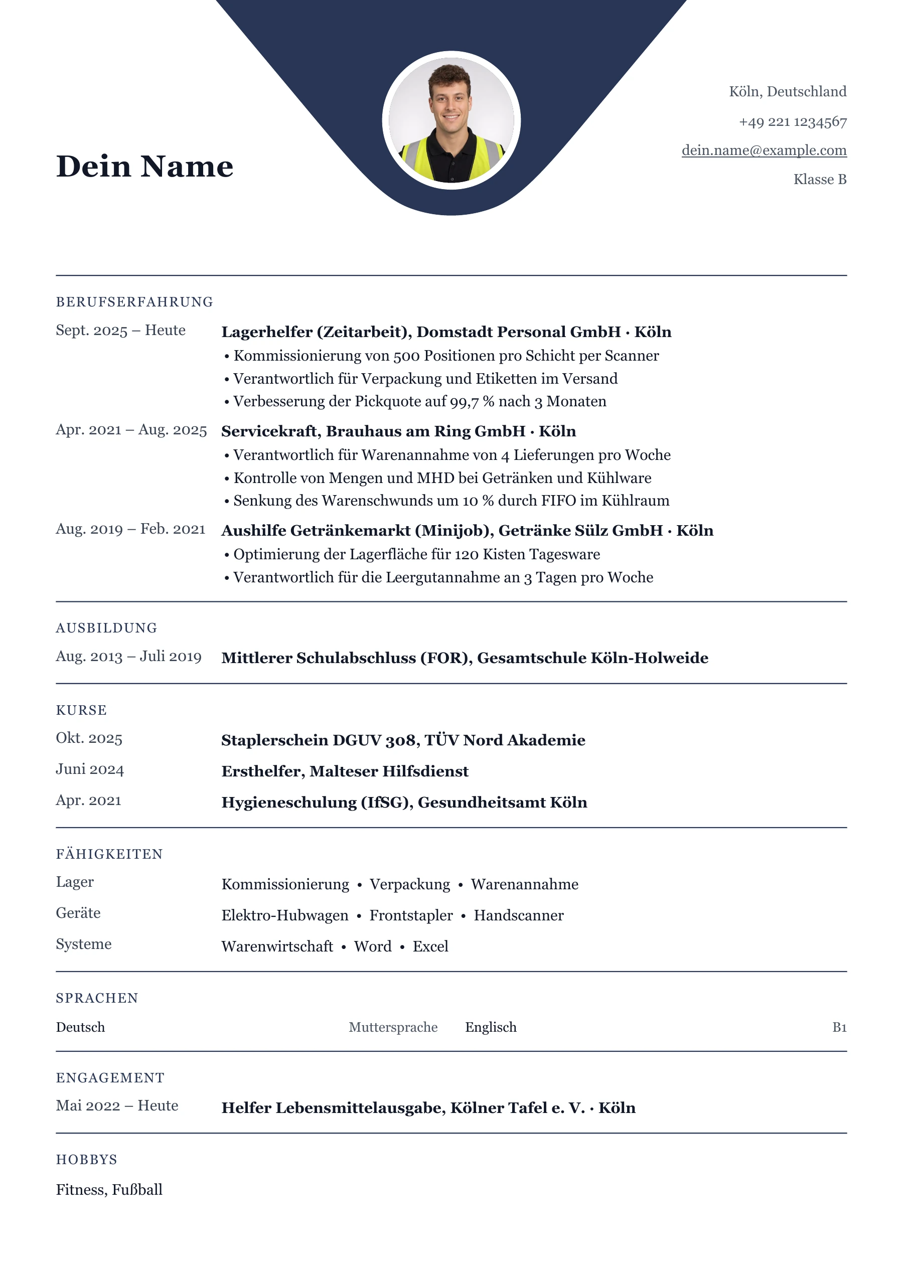 Lebenslauf Lagermitarbeiter · Lagerhelfer*in & Quereinstieg · Klassisch zentriert