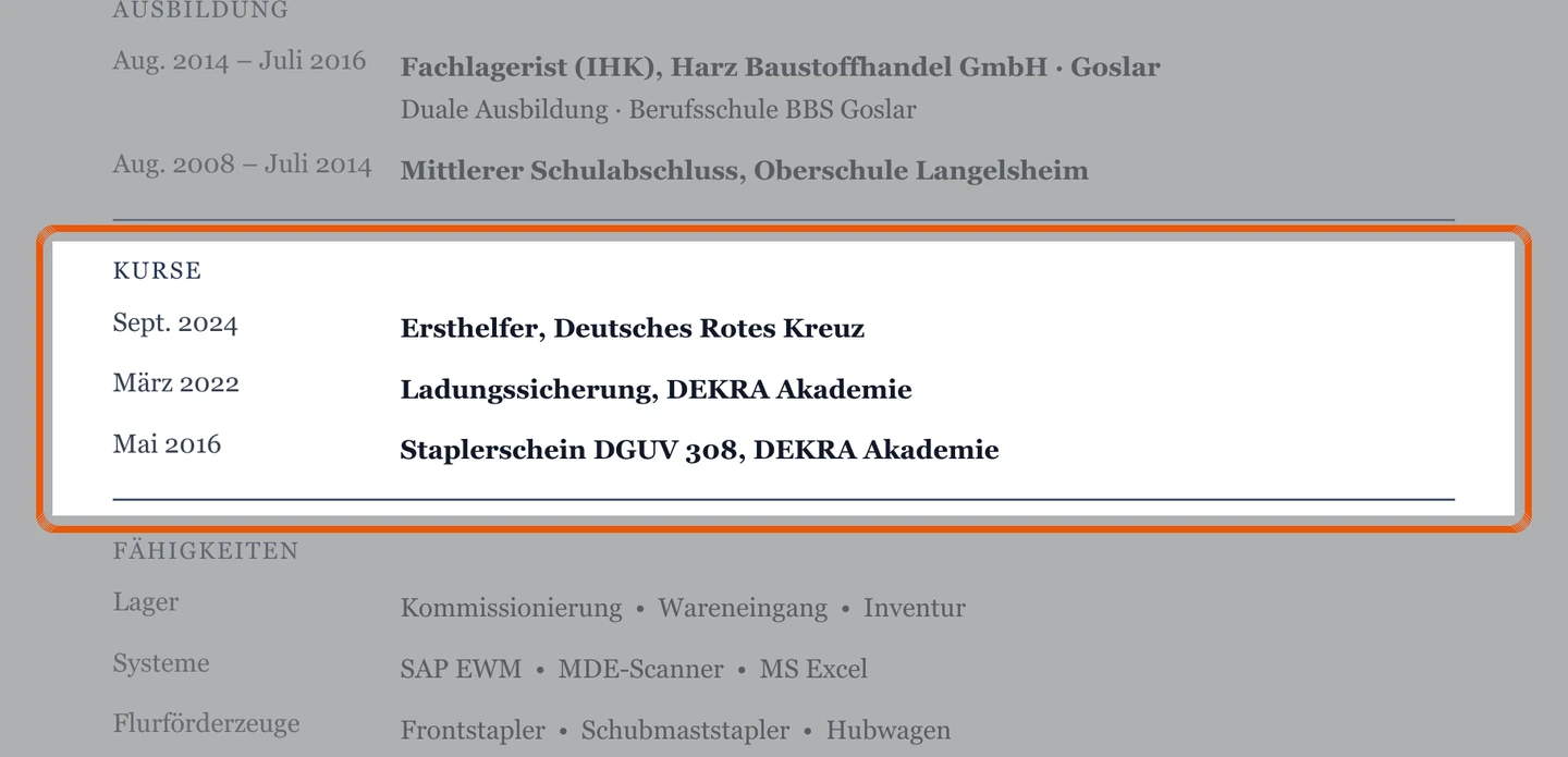 Staplerschein und Weiterbildungen im Muster – Muster Lagermitarbeiter*in – allgemein