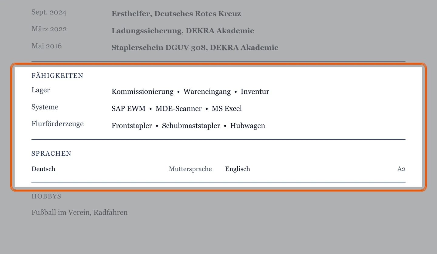 Kenntnisse und Sprachen im Muster – Muster Lagermitarbeiter*in – allgemein