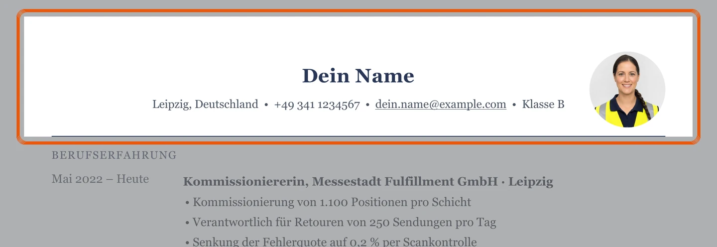 Persönliche Angaben im Muster – Muster Kommissionierung & Versand
