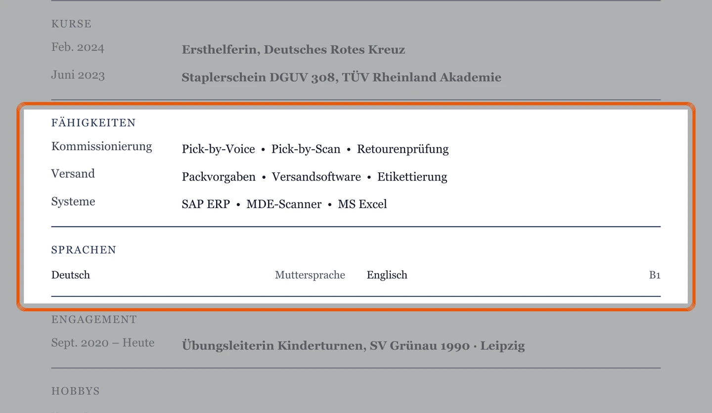 Kenntnisse und Sprachen im Muster – Muster Kommissionierung & Versand