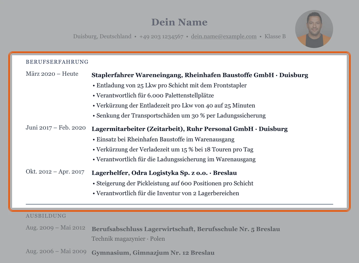 Berufserfahrung im Muster – Muster Stapler, Wareneingang & Warenausgang