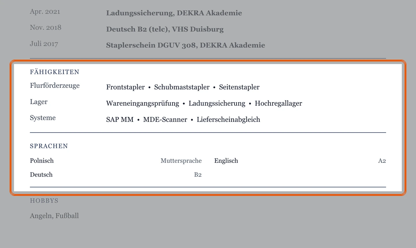 Kenntnisse und Sprachen im Muster – Muster Stapler, Wareneingang & Warenausgang