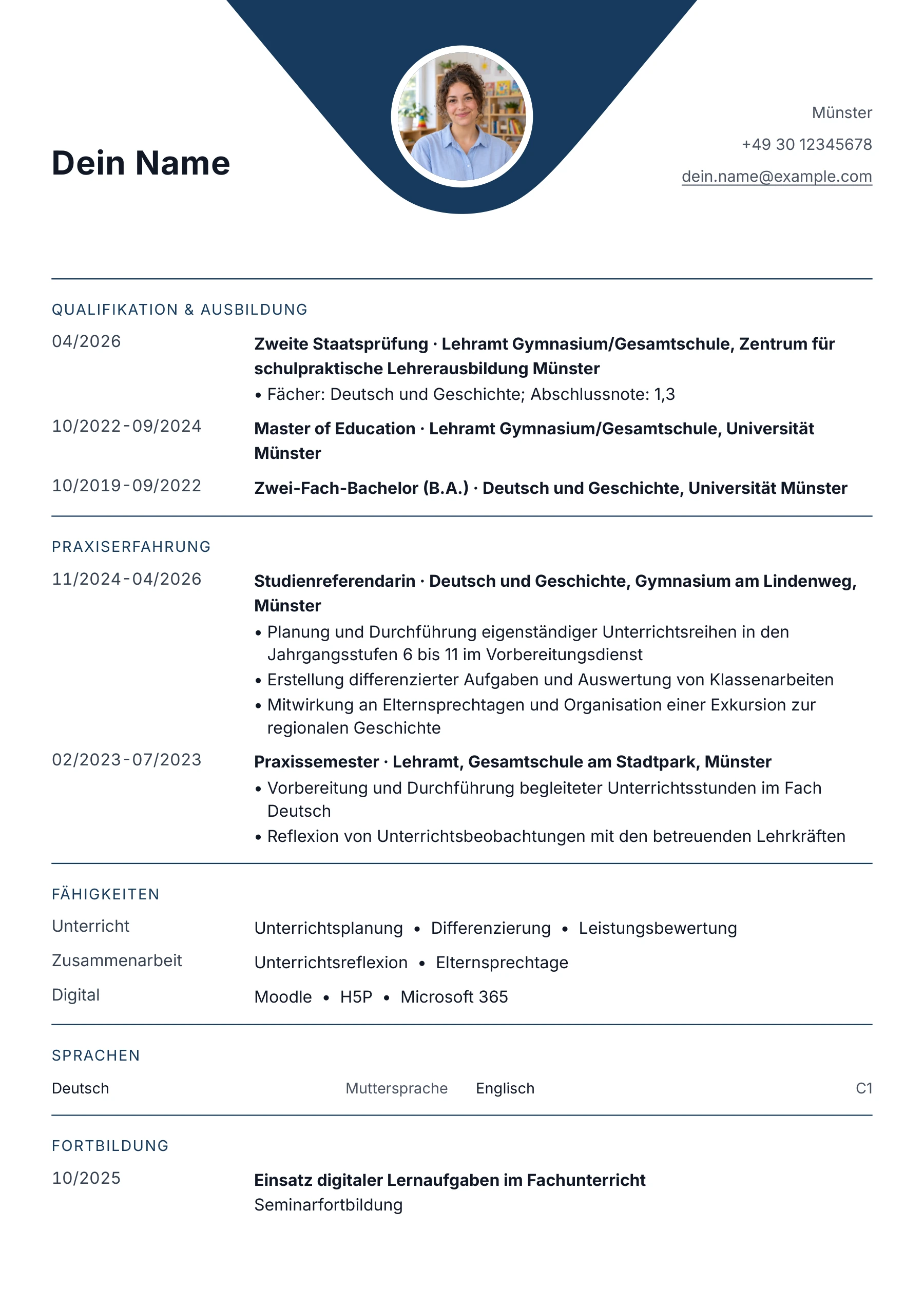 Lebenslauf Lehrer · Berufseinstieg nach dem Referendariat · Klassisch zentriert