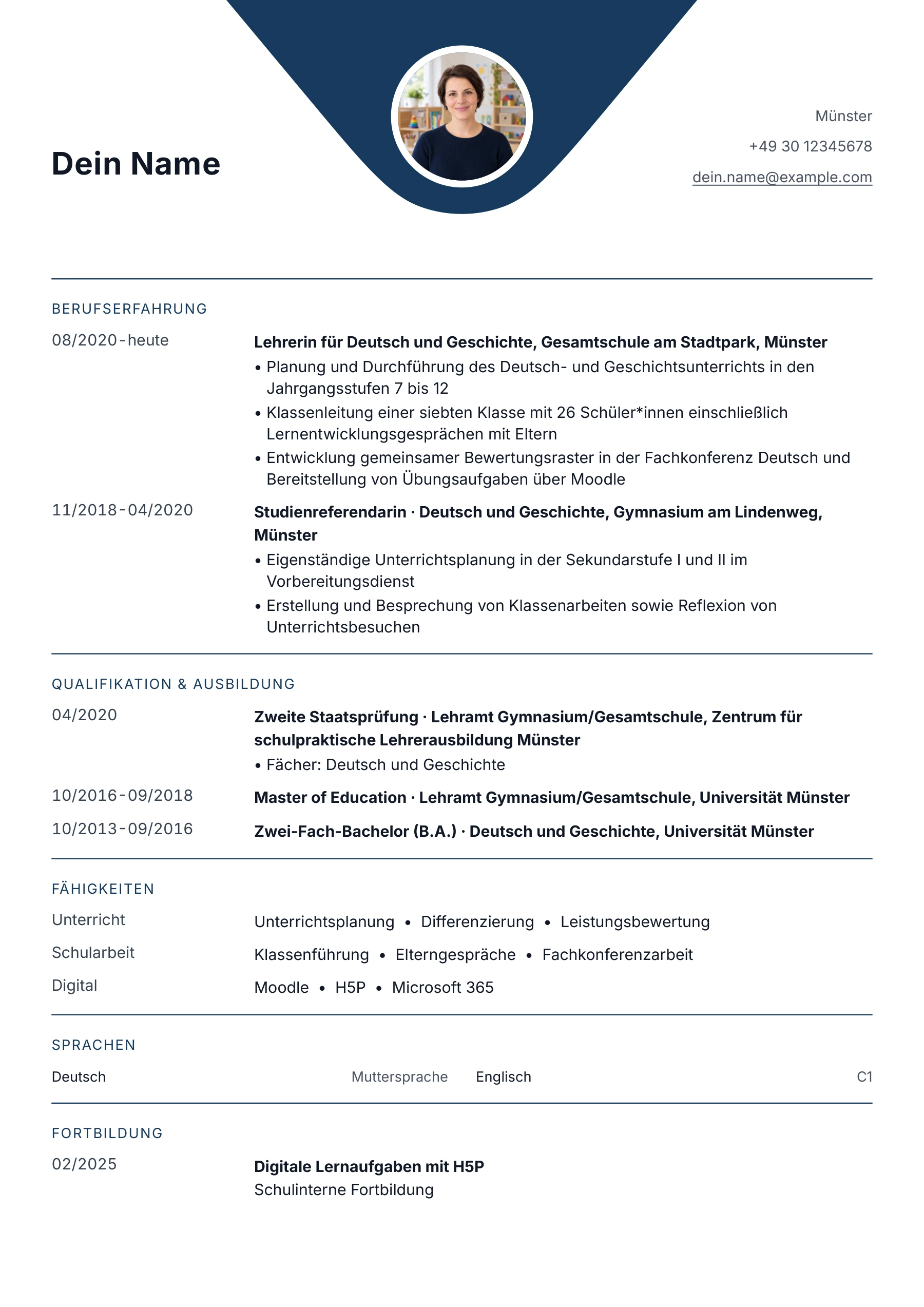 Lebenslauf Lehrer · Sekundarstufe I / II · Klassisch zentriert