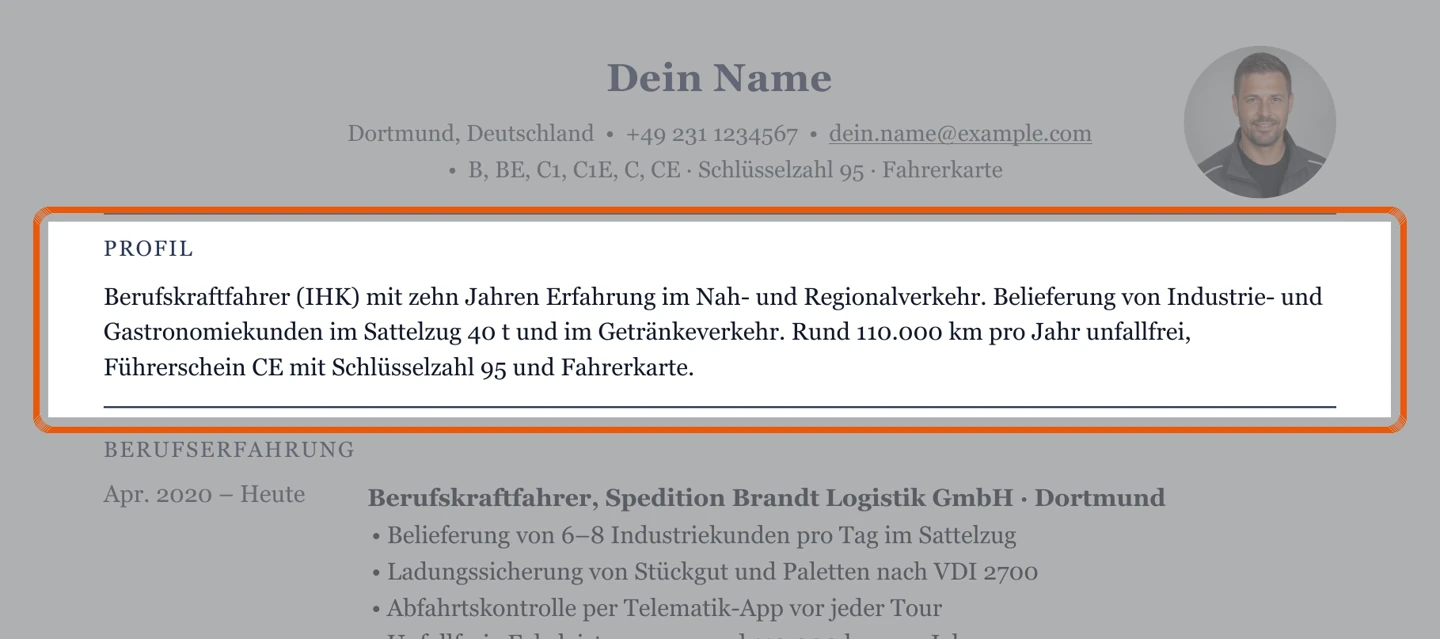 Muster-Lebenslauf LKW-Fahrer mit Kurzprofil (Ausschnitt)