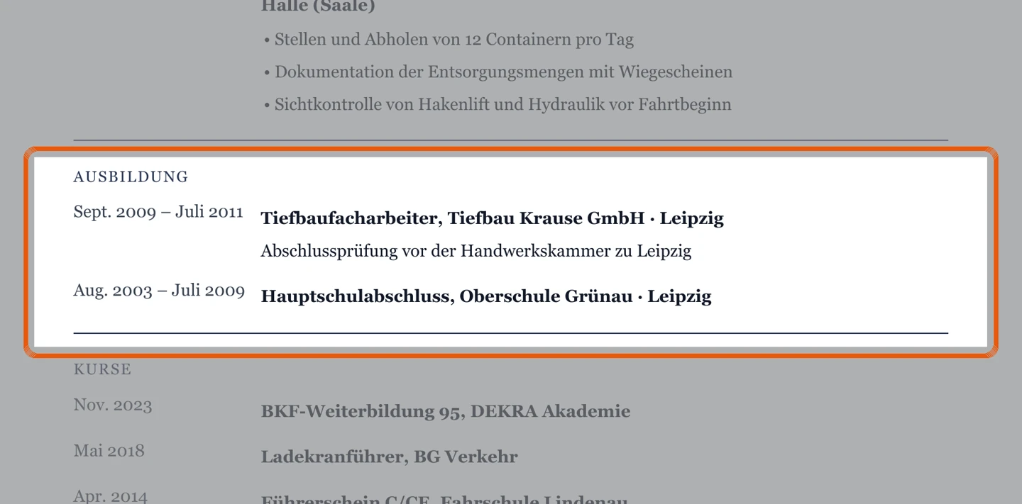 Ausschnitt Muster Bau, Kipper & Entsorgung