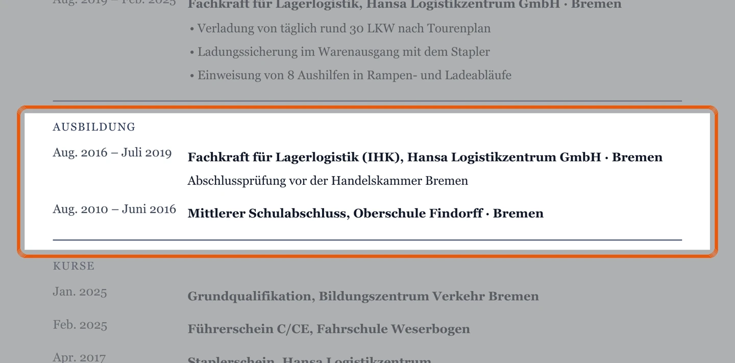 Ausschnitt Muster Quereinstieg & Fahranfänger