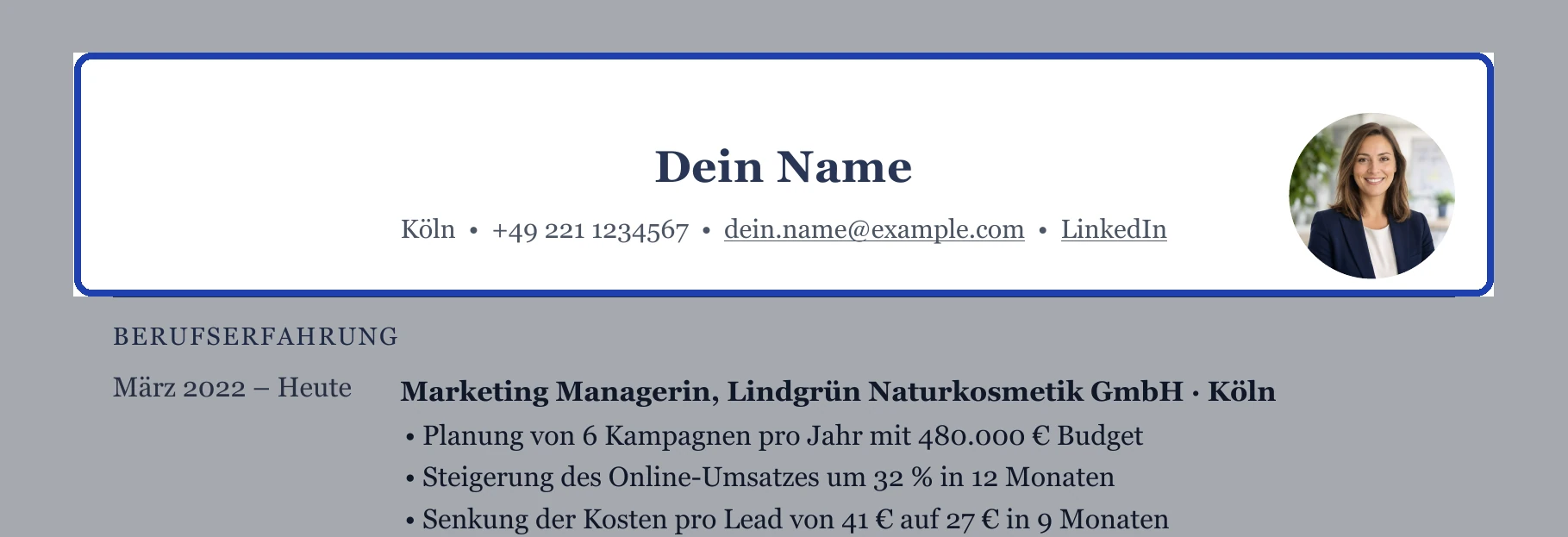 Kopfbereich im Muster: Name, Wohnort, Telefon, E-Mail, LinkedIn und Foto – ohne Berufsbezeichnung.