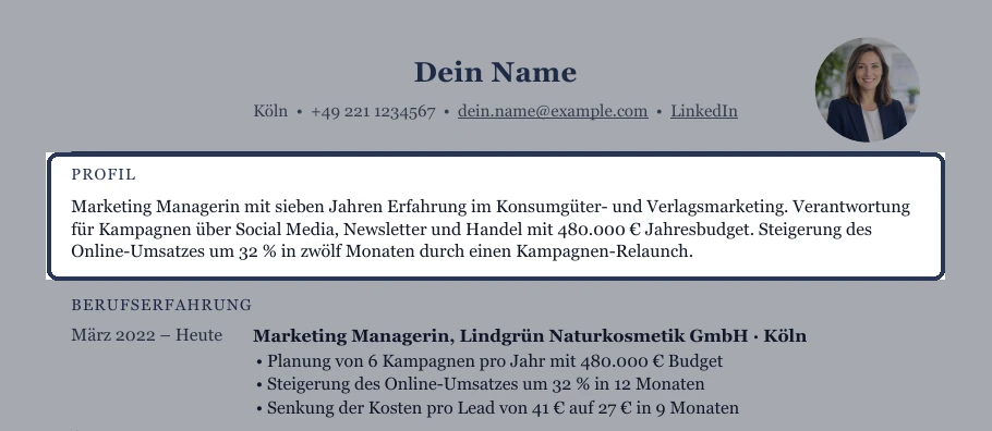 So sieht ein Kurzprofil aus: zwei bis drei Sätze zwischen Kontaktdaten und Berufserfahrung.