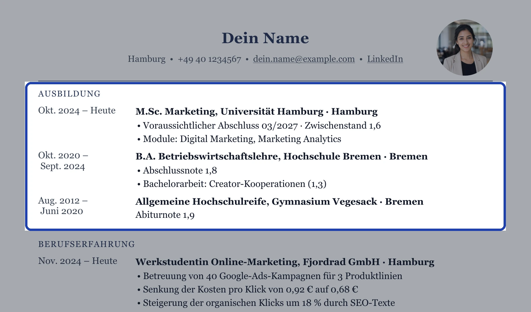 Beim Einstieg: Studium zuerst, mit Zwischenstand, Modulen und Abschlussarbeit.