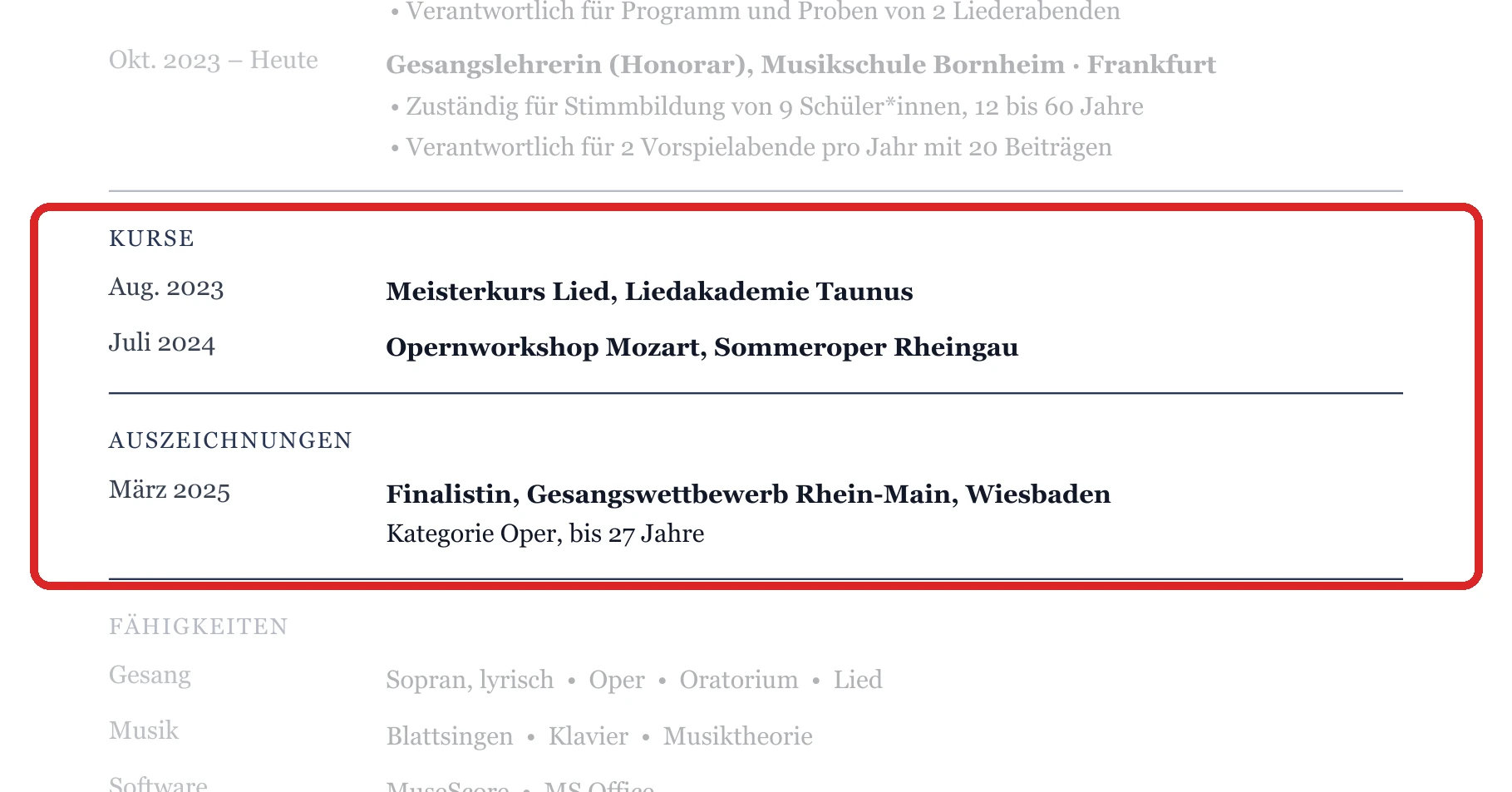 Kurse und Auszeichnungen im Muster – Musikstudium & Berufseinstieg