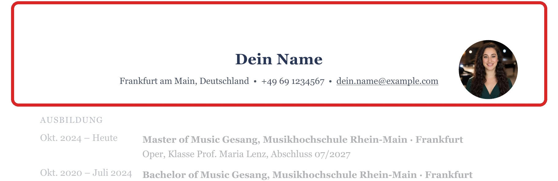 Persönliche Angaben im Muster – Musikstudium & Berufseinstieg
