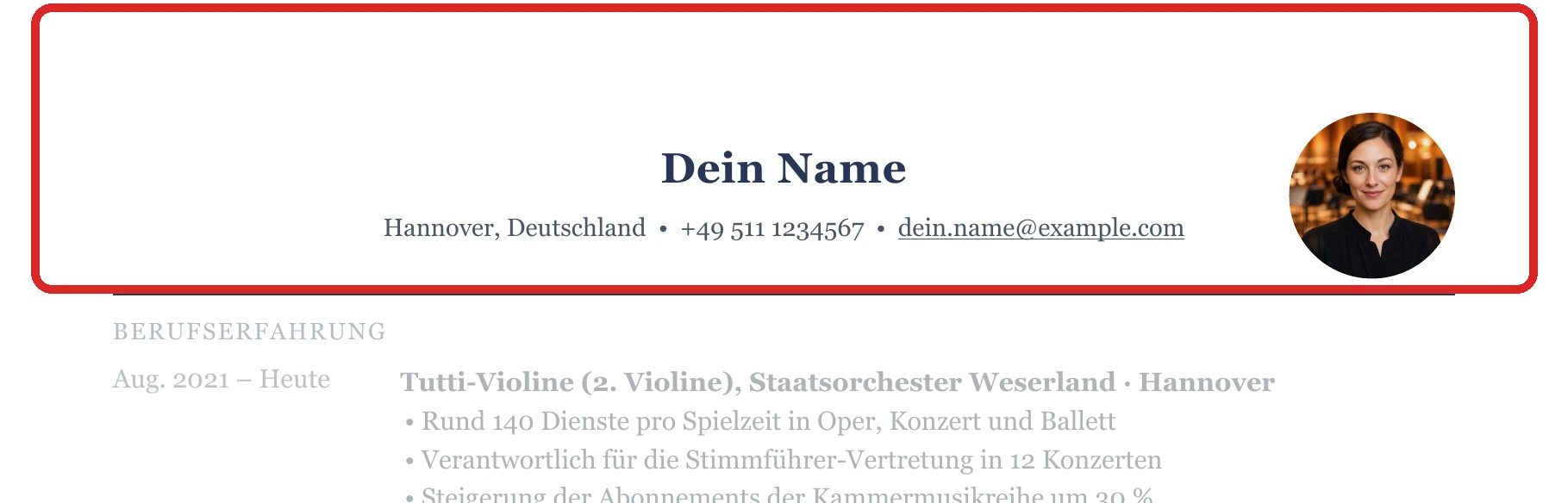 Persönliche Angaben im Muster – Klassik, Orchester & Kirchenmusik