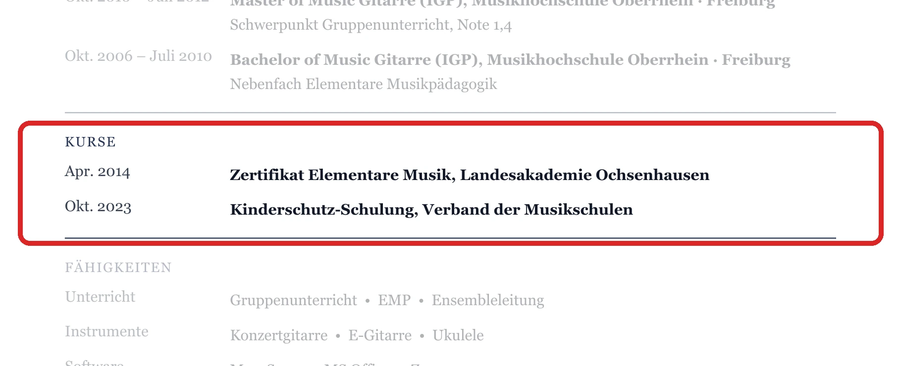 Kurse und Auszeichnungen im Muster – Musikpädagogik & Unterricht