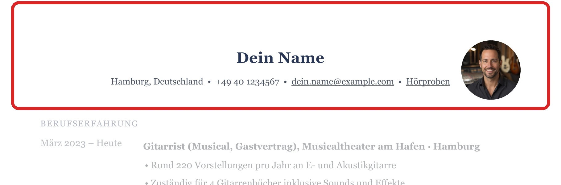 Persönliche Angaben im Muster – Band, Pop, Jazz & DJ