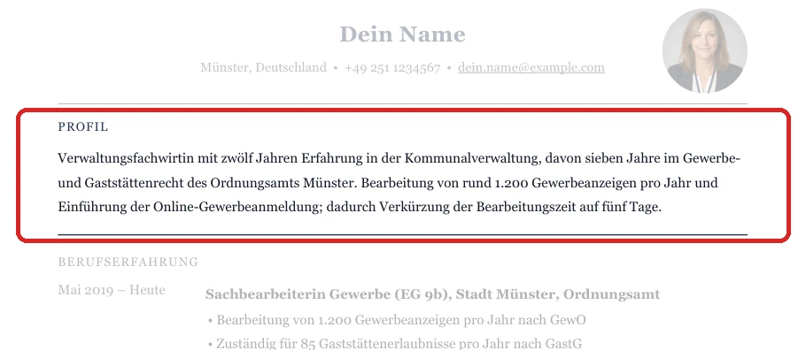 Position des Kurzprofils im Lebenslauf