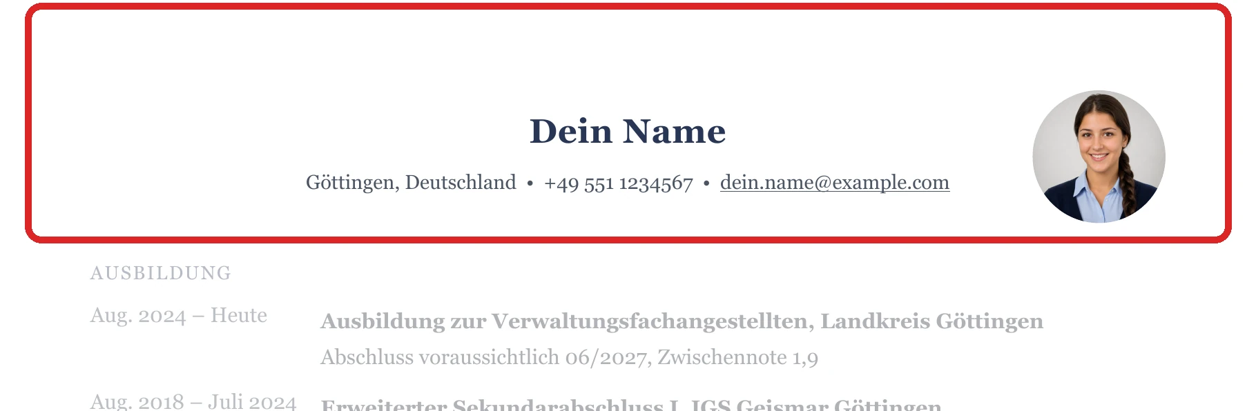 Persönliche Angaben im Muster – Ausbildung, duales Studium & Einstieg