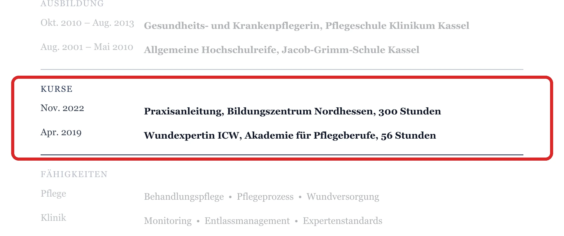 Weiterbildungen im Muster – Pflege – allgemein