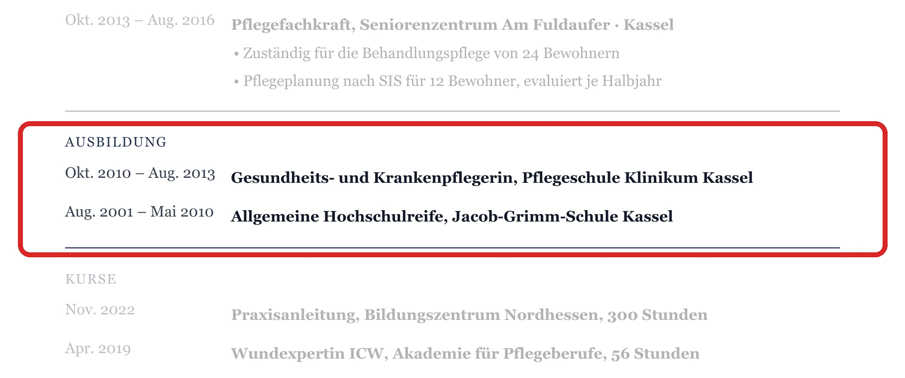Ausbildung im Muster – Pflege – allgemein