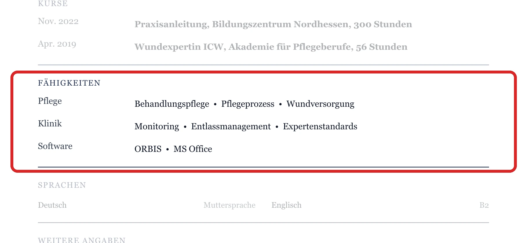 Kenntnisse im Muster – Pflege – allgemein